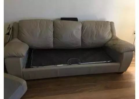3-Seat Beige Leather Pull Out Couch
